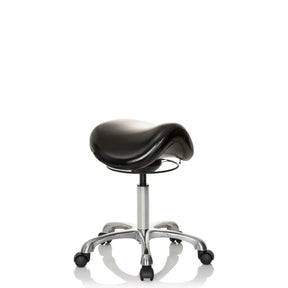 Svart Sadelpall ORTHO SIT med vadderad sits och kromad stjärnfot med hjul från hjh OFFICE