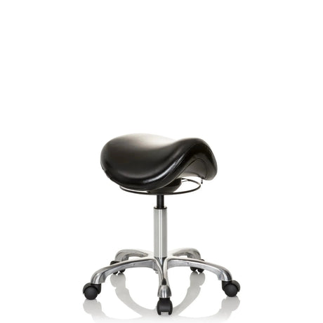 Svart Sadelpall ORTHO SIT med vadderad sits och kromad stjärnfot med hjul från hjh OFFICE