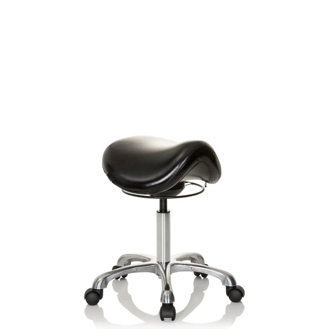 Svart Sadelpall ORTHO SIT med vadderad sits och kromad stjärnfot med hjul från hjh OFFICE