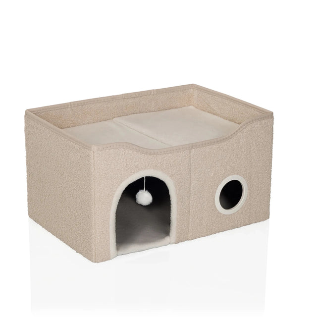 Beige Kattgrotta PAWY EB med mjukt plyschöverdrag, lekboll och sidöppning från hjh LIVING