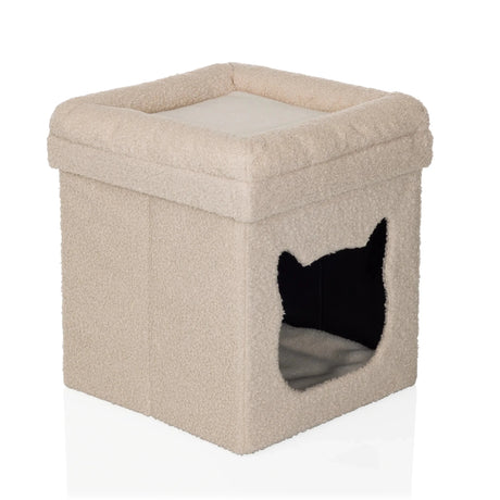 Beige katthus PAWY ES i fluffigt tyg med kattformad öppning från hjh LIVING