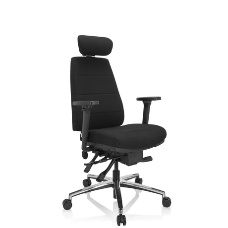 Professionell kontorsstol PHOENIX PRO I med svart tygbeklädnad, nackstöd och silverfärgat stjärnfot från hjh OFFICE