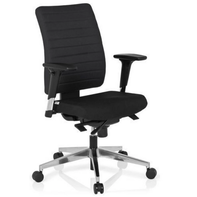 Profi-Bürostuhl PRO-TEC 350 mit schwarzem Bezug, Armlehnen und einem silbernen Fußkreuz von hjh OFFICE