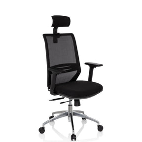 Professionell kontorsstol PROFONDO PRO i svart med nätrygg, nackstöd och silverfärgat fotkors från hjh OFFICE