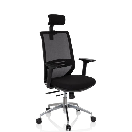 Professionell kontorsstol PROFONDO PRO i svart med nätrygg, nackstöd och silverfärgat fotkors från hjh OFFICE