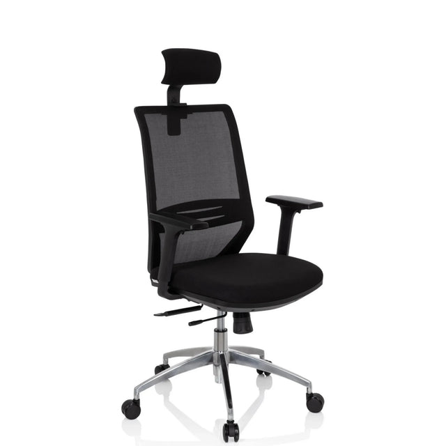 Professionell kontorsstol PROFONDO PRO i svart med nätrygg, nackstöd och silverfärgat fotkors från hjh OFFICE