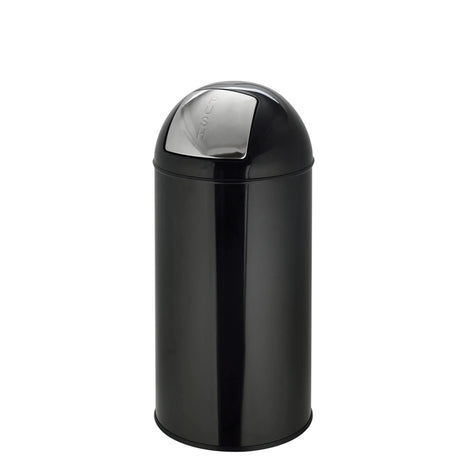 Svart papperskorg PUSH 35L med blank yta och silverfärgat trycklock från hjh OFFICE