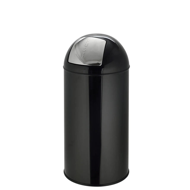 Svart papperskorg PUSH 35L med blank yta och silverfärgat trycklock från hjh OFFICE