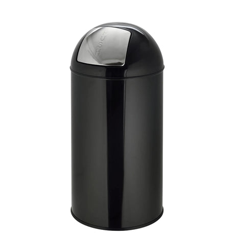 Svart Papperskorg PUSH 50L med blank yta och silverfärgat trycklock från hjh OFFICE