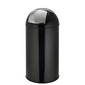 Svart Papperskorg PUSH 50L med blank yta och silverfärgat trycklock från hjh OFFICE