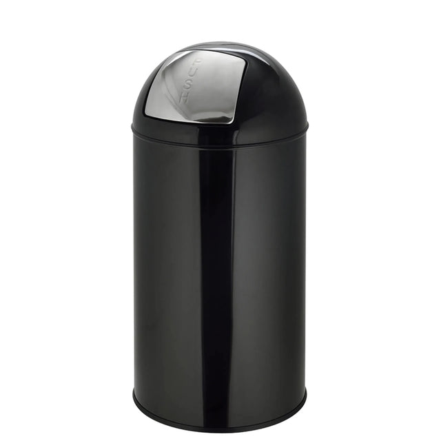 Svart Papperskorg PUSH 50L med blank yta och silverfärgat trycklock från hjh OFFICE