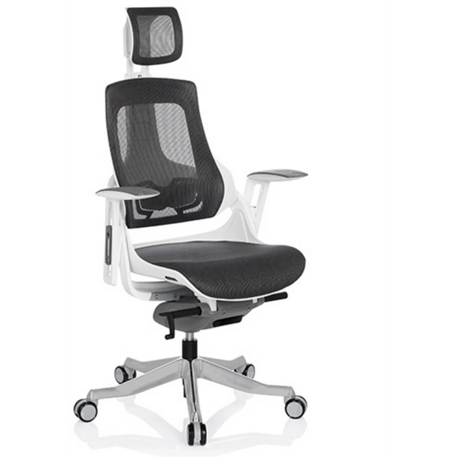 Professionell kontorsstol SPEKTRE med grått nätöverdrag, nackstöd och vit ram från hjh OFFICE