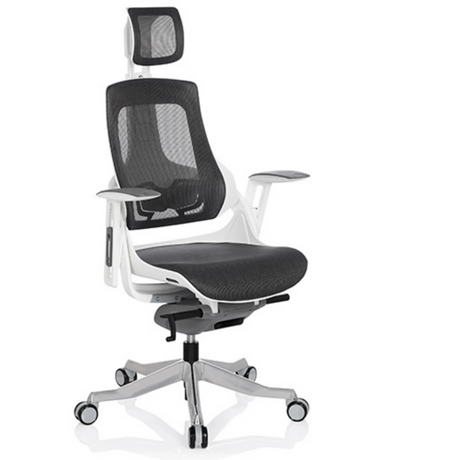 Professionell kontorsstol SPEKTRE med grått nätöverdrag, nackstöd och vit ram från hjh OFFICE