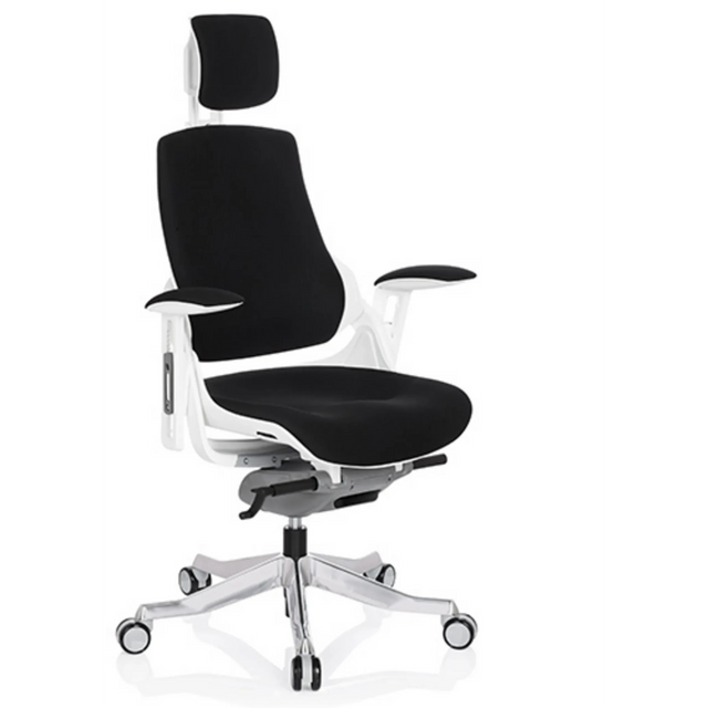 Professionell kontorsstol SPEKTRE med svart tygklädsel, vit ram och nackstöd från hjh OFFICE