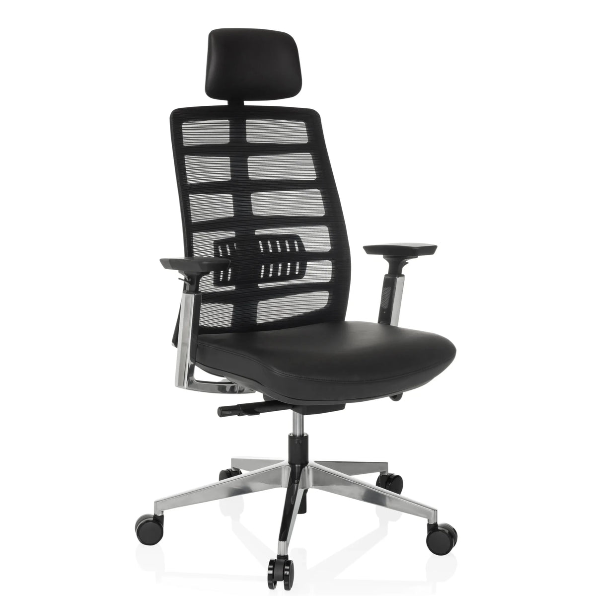 Hög kontorsstol SPINIO ELITE L med svart nätöverdrag och lädersits från hjh OFFICE