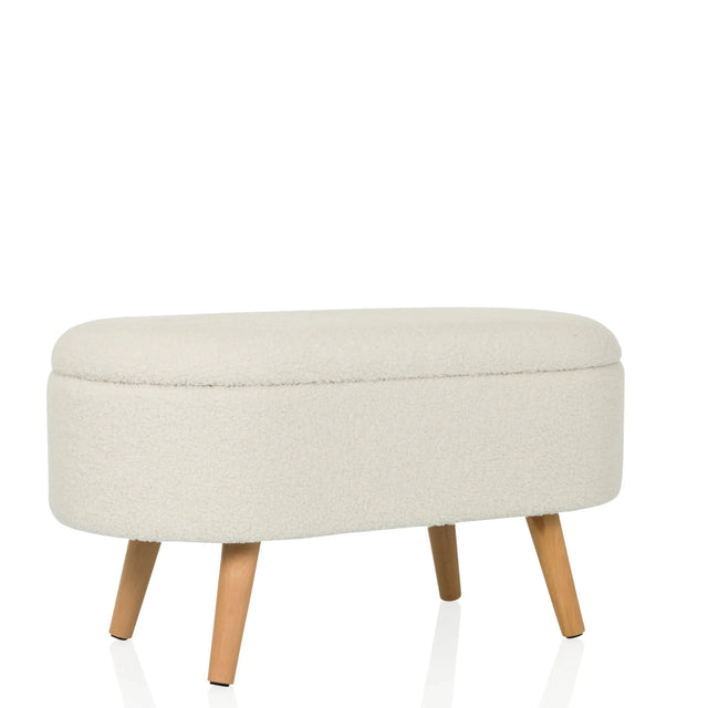 Vit sittbänk STORIANO med strukturerad tygbeklädnad och fyra ljusa träben från hjh LIVING