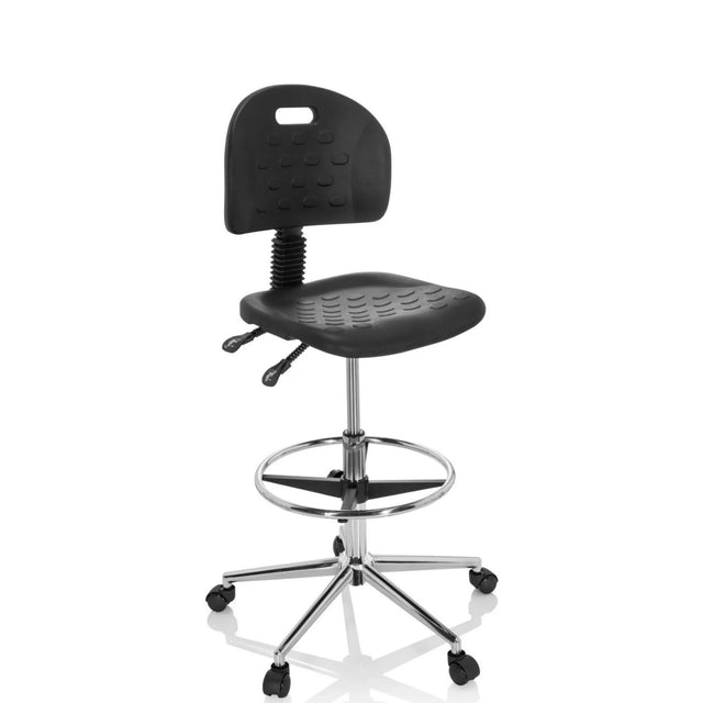 Svart bardiskstol TOP WORK 23 I med fotring, ryggstöd och kromad ram på hjul från hjh OFFICE