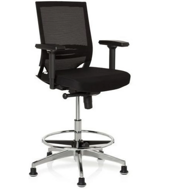 Schwarzer Counterstuhl TOP WORK 77 mit Netzrückenlehne, Fußring und glänzendem Metallgestell von hjh OFFICE