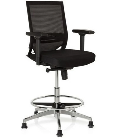 Svart bardiskstol TOP WORK 77 med nätryggstöd, fotring och blank metallram från hjh OFFICE