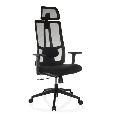 Svart Professionell kontorsstol TRAMORE med nätryggstöd, nackstöd och armstöd från hjh OFFICE