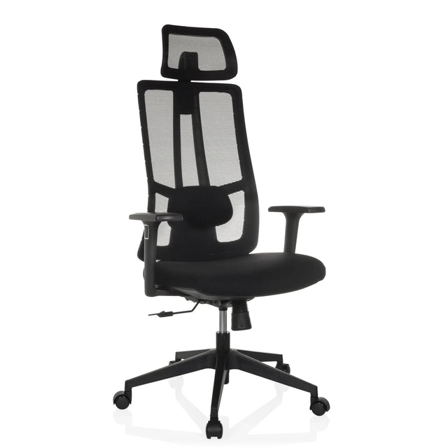 Svart Professionell kontorsstol TRAMORE med nätryggstöd, nackstöd och armstöd från hjh OFFICE