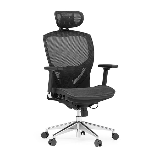 Hög kontorsstol VENUS ONE med svart nätöverdrag, nackstöd och silverfärgat fotkors från hjh OFFICE